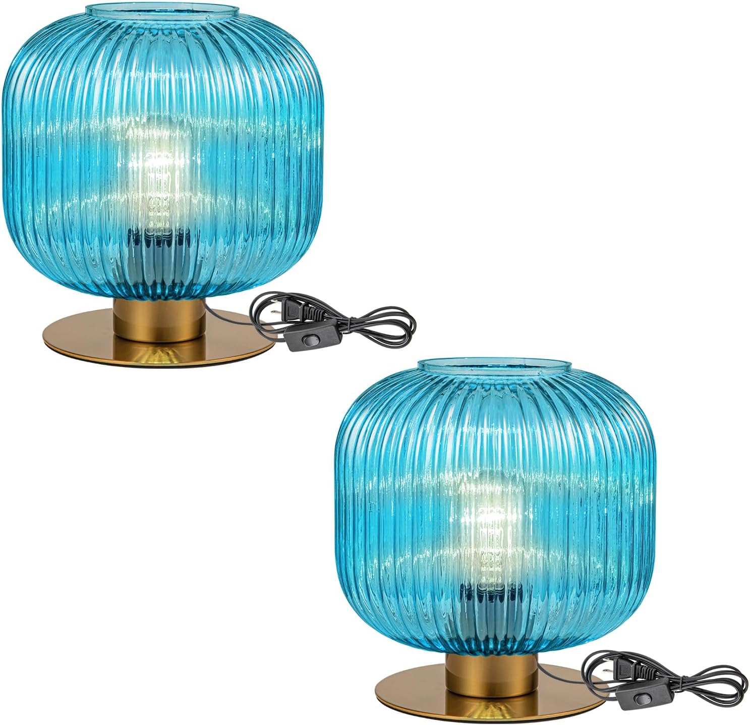Blue Table Lamps for Bedroom Set of 2, Small Glass Table Lamp Plug in with On/Off Switch, Mid Century Modern Globe Bedside Lamp Coastal Lamps for Bedrooms Living Room Study Room