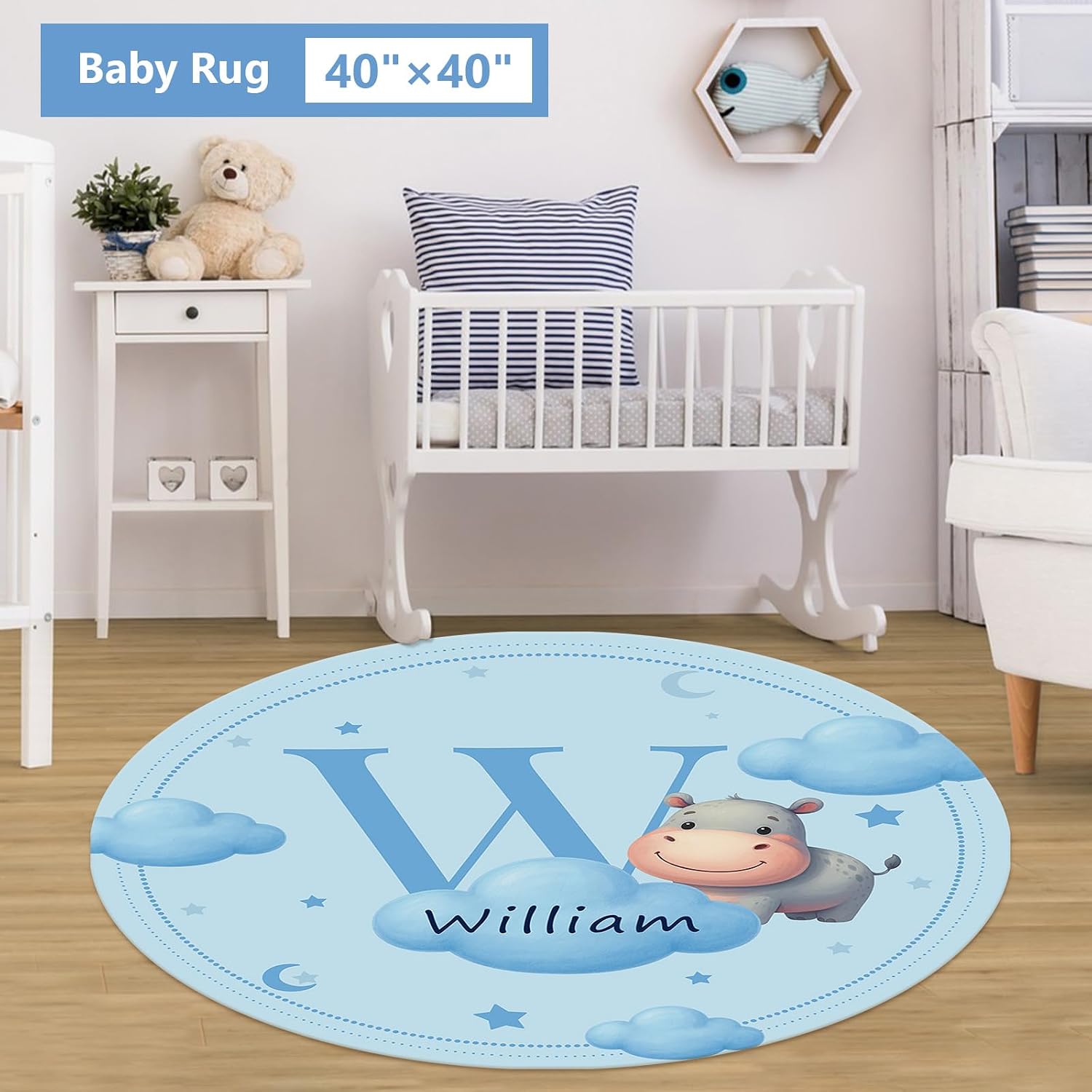 KAINSY Custom Crib Bedding Set, 5 Pcs Personalized Name Monogram Baby Crib Sets for Infants Toddlers, Blue Hippo Nursery Bedding Set for Boys Girls, Double Layer Baby Bedding Sets Customized Gifts