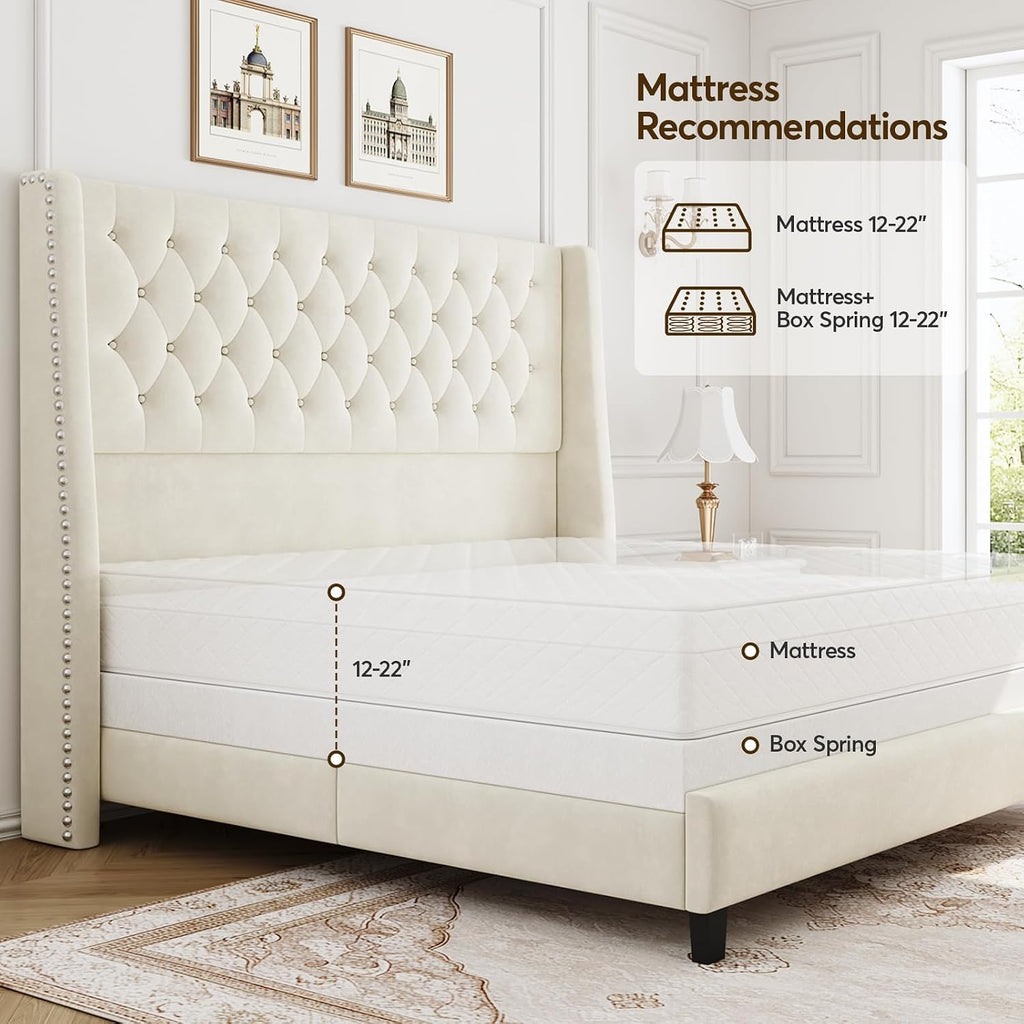 Queen Bed Frame with 55' Tall Headboard, Upholstered Bed Frames, Soft Fabric, Button Tufted Headboard with Windback, Platform Bed, Noise-Free, No Box Spring Needed, Beige