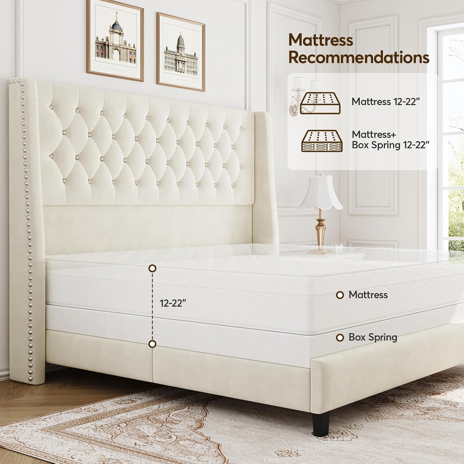 Queen Bed Frame with 55' Tall Headboard, Upholstered Bed Frames, Soft Fabric, Button Tufted Headboard with Windback, Platform Bed, Noise-Free, No Box Spring Needed, Beige