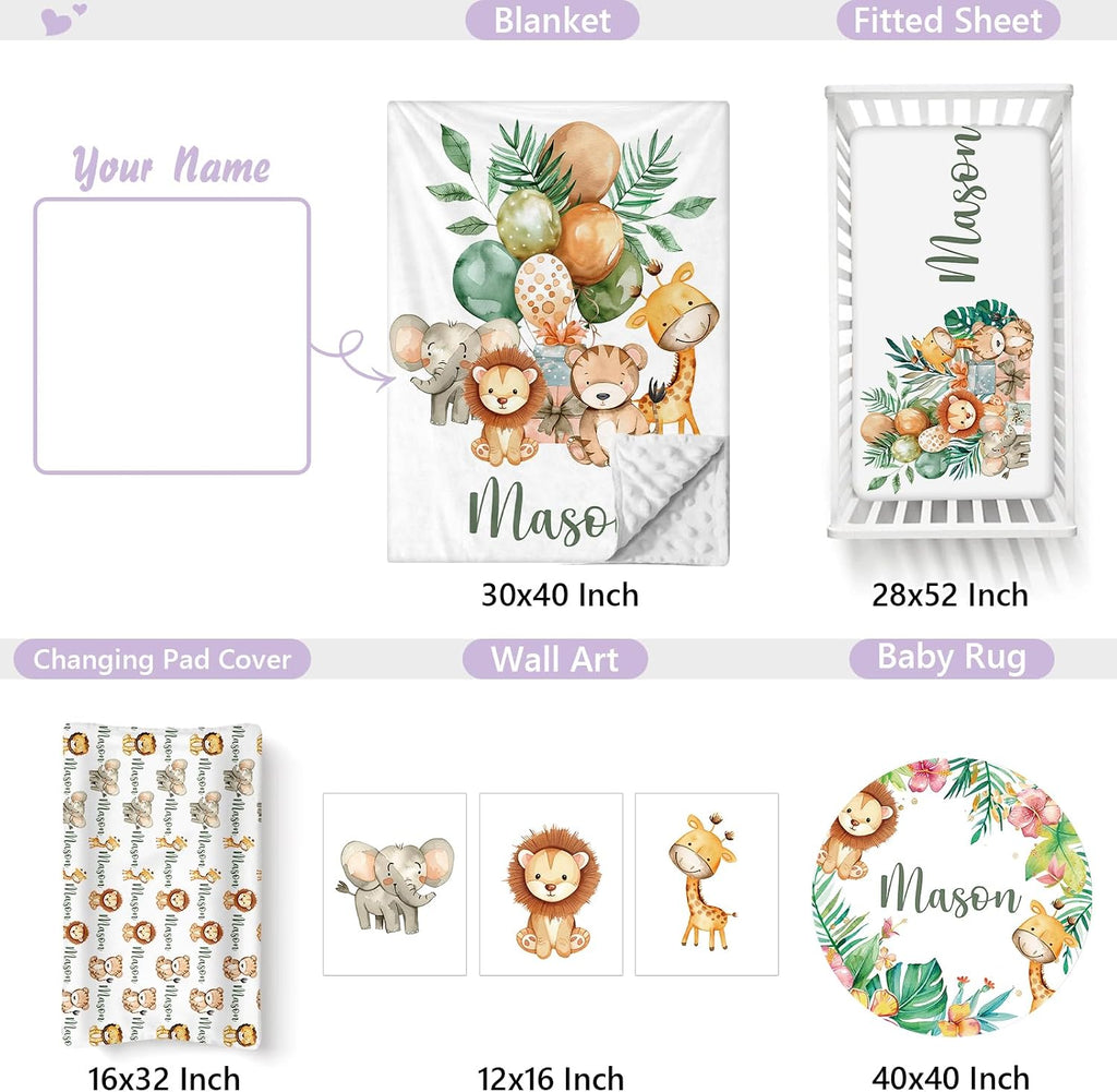 Custom Baby Crib Bedding Set, 5 PCS Personalized Name Baby Crib Sets for Girls Boys, Forest Animals Theme Nursery Bedding Sets for Infant Toddler, Double Layer Flannel Bed Set Customized Gifts