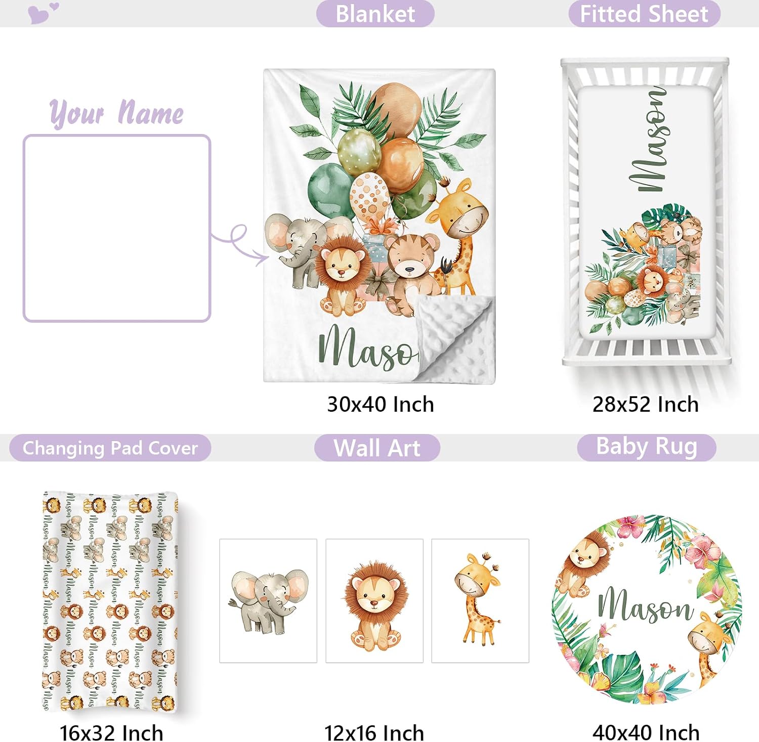 Custom Baby Crib Bedding Set, 5 PCS Personalized Name Baby Crib Sets for Girls Boys, Forest Animals Theme Nursery Bedding Sets for Infant Toddler, Double Layer Flannel Bed Set Customized Gifts