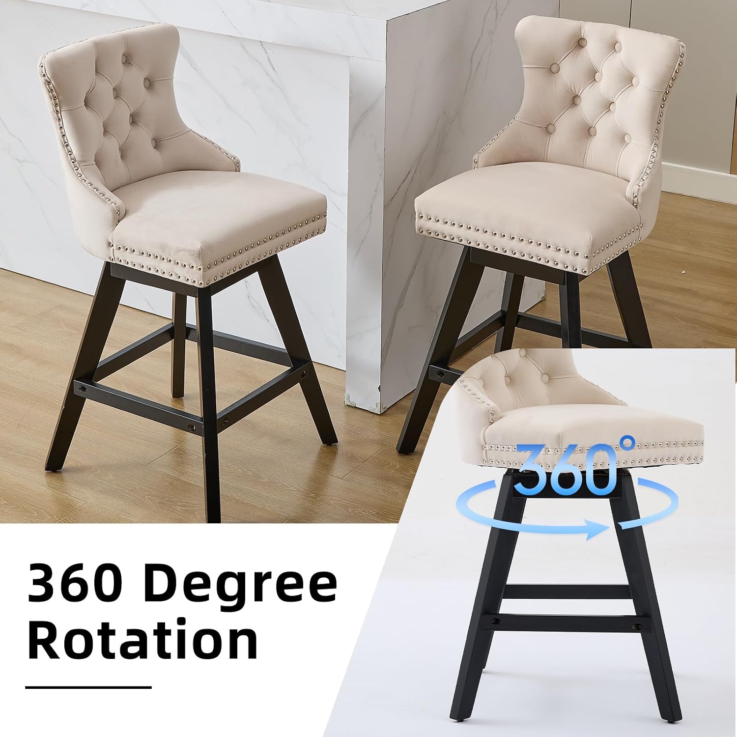 Velvet Bar Stools Set of 2, Modern Swivel Counter Height Stools, Upholstered Kitchen Island Chairs with Button Tufted Back, Rivet Trim, Solid Wood Legs, 26' H Seat, Beige