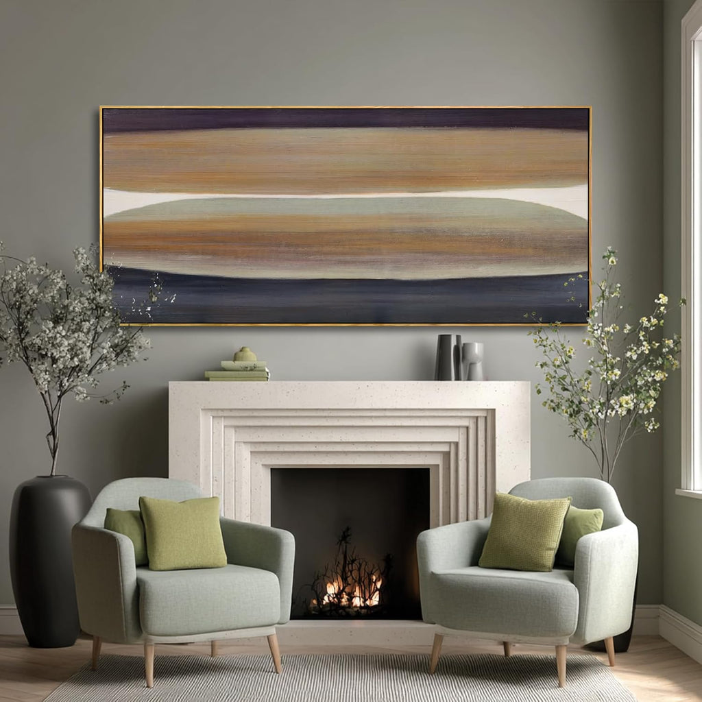 Beige Brown Hand-painted Canvas Wall Art, 32x70 Inch Framed Horizontal Abstract Artwork with Neutral Tones for Living Room Decor