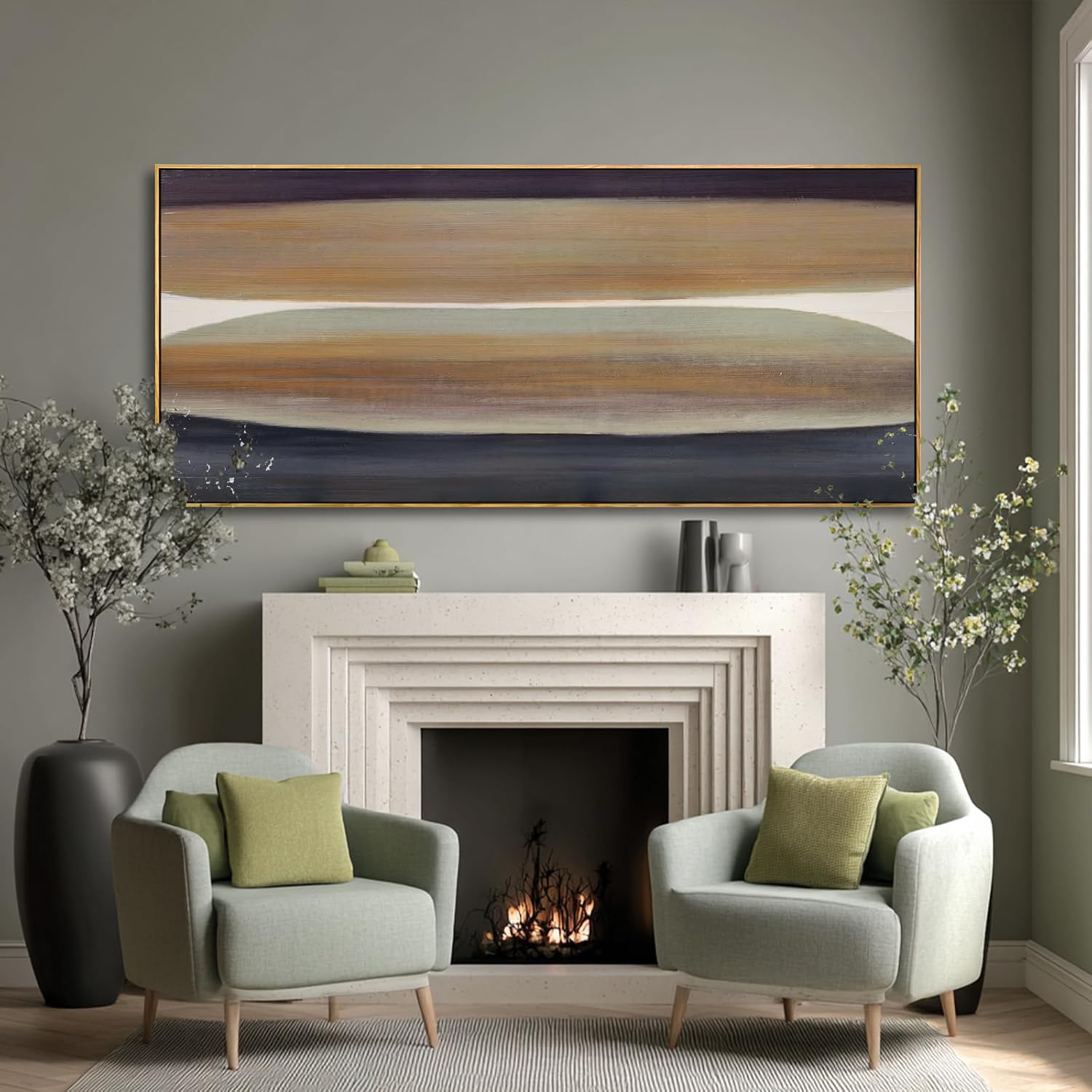 Beige Brown Hand-painted Canvas Wall Art, 32x70 Inch Framed Horizontal Abstract Artwork with Neutral Tones for Living Room Decor