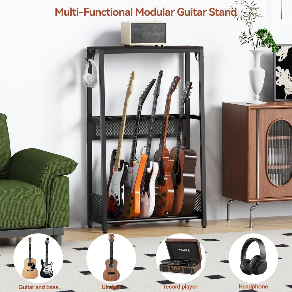 EmberGlow Multi-Guitar Stand with Top Display Shelf - Heavy Duty 28lbs Metal Guitar Rack with Adjustable Spacing & Soft EVA Padding, Premium Instrument Holder for Acoustic, Electric, Bass, Ukulele, Model L (Brown)