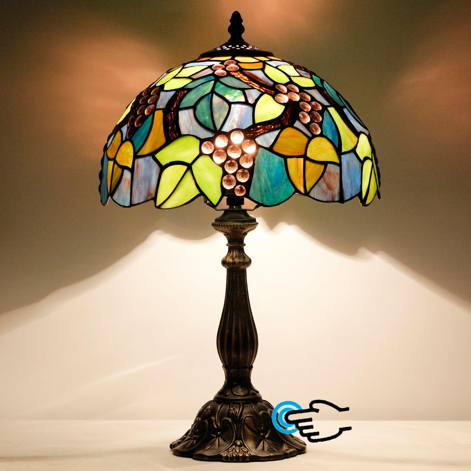 Tiffany Stained Glass Touch Control Table Lamp Purple Grape Style 12×12×19 Inches Desk Reading Light Bedroom Office