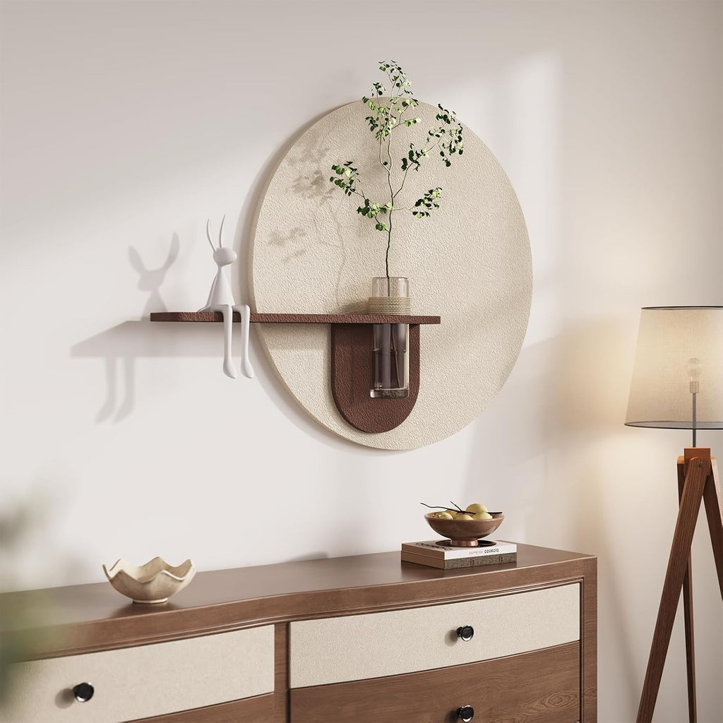 3D Textured Neutral Round Wall Art with Vase, Modern Minimalist Painting Artwork for Walls, Cream Geometric Circle Picture Wall Decor for Living Room, Hallway, Dining Room, Bedroom, Office, 24x31 Inch