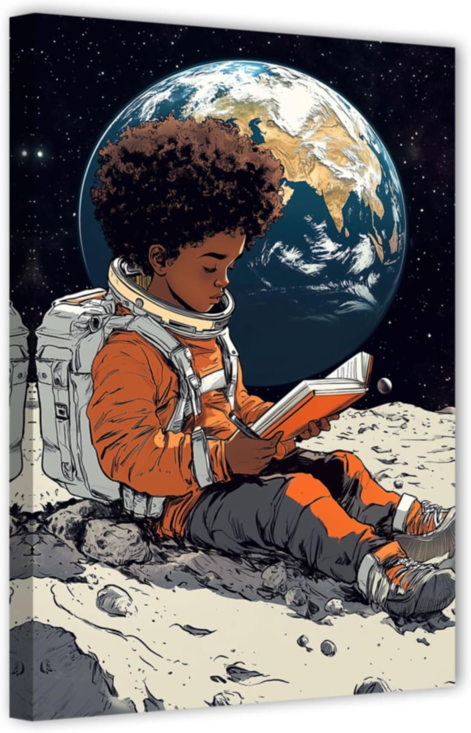 CHAOSETKEN African American Wall Art Astronaut Painting Black Boy Reading on the Moon Canvas Prints Space Themed Pictures for Office Decor Framed (28.00' x 42.00')