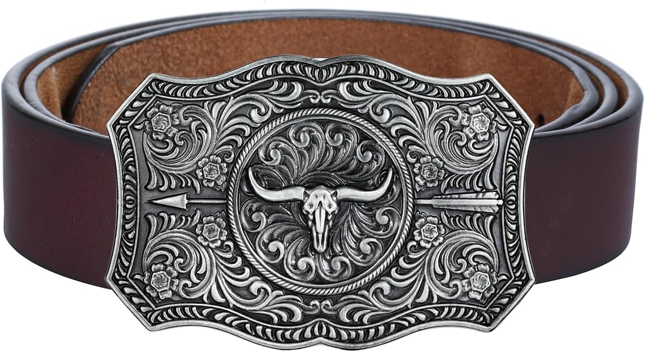 Men's Western Belt Buckle - Turquoise Texas Longhorn Bull Design for Cowboy & Rodeo Style