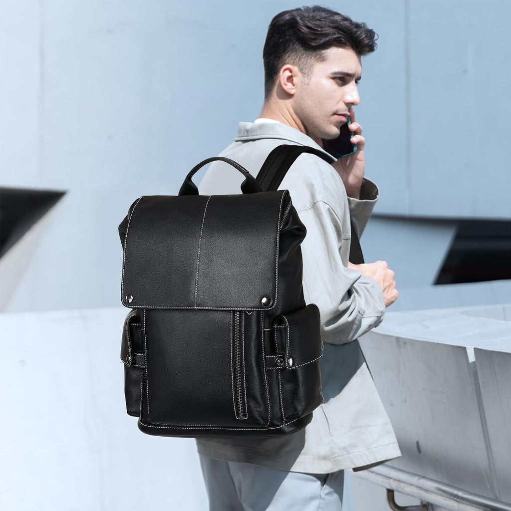 Nappa Genuine Leather Backpack for Men Multi-Functional 15' Laptop Backpack, Black Business Casual Travel Backpack Work Daypack