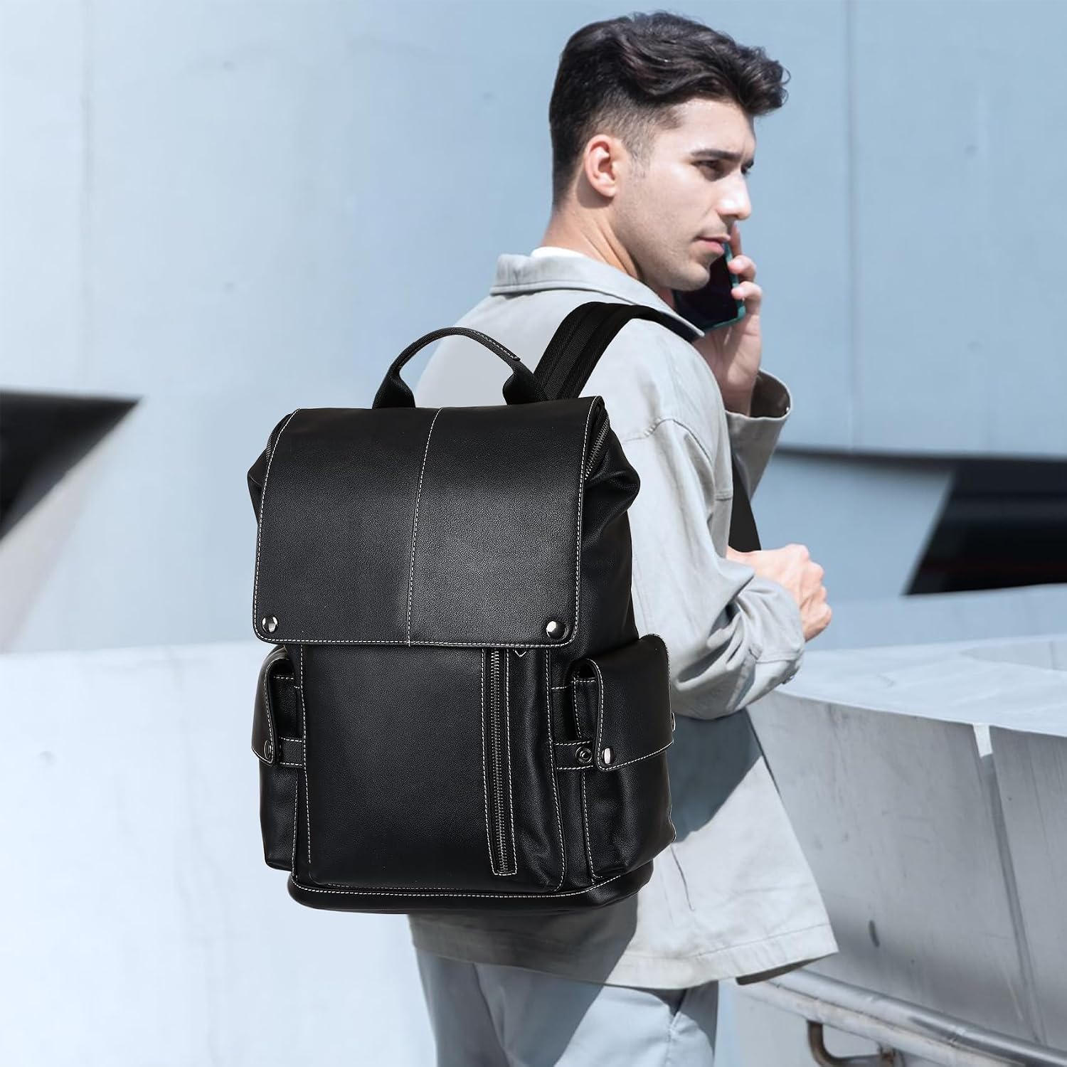 Nappa Genuine Leather Backpack for Men Multi-Functional 15' Laptop Backpack, Black Business Casual Travel Backpack Work Daypack