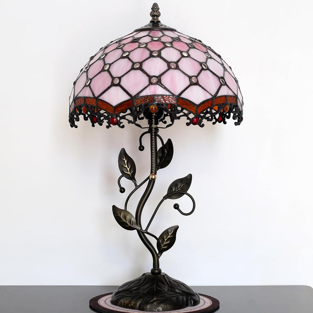 Tiffany Lamp Stained Glass Style Table Lamp Pink Beads Style Bedside Desk Reading Light W12H19 Inch Metal Leaf Base with Metal Leaf Base