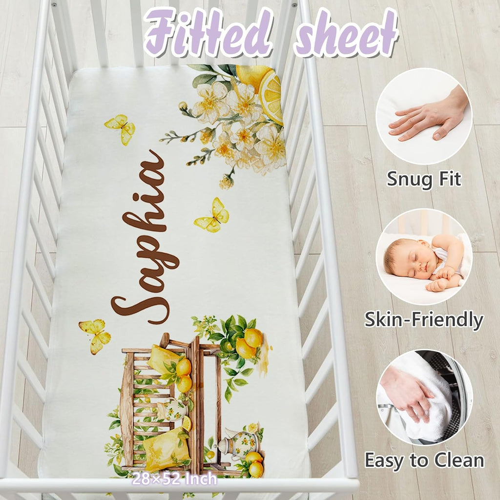 Personalized Baby Crib Bedding Set, 5 Pcs Custom Name Nursery Bedding Set for Girls Boys, Lemon Bird Baby Crib Set for Toddlers Infants, Double Layer Bedding Crib Sets Customized Gifts