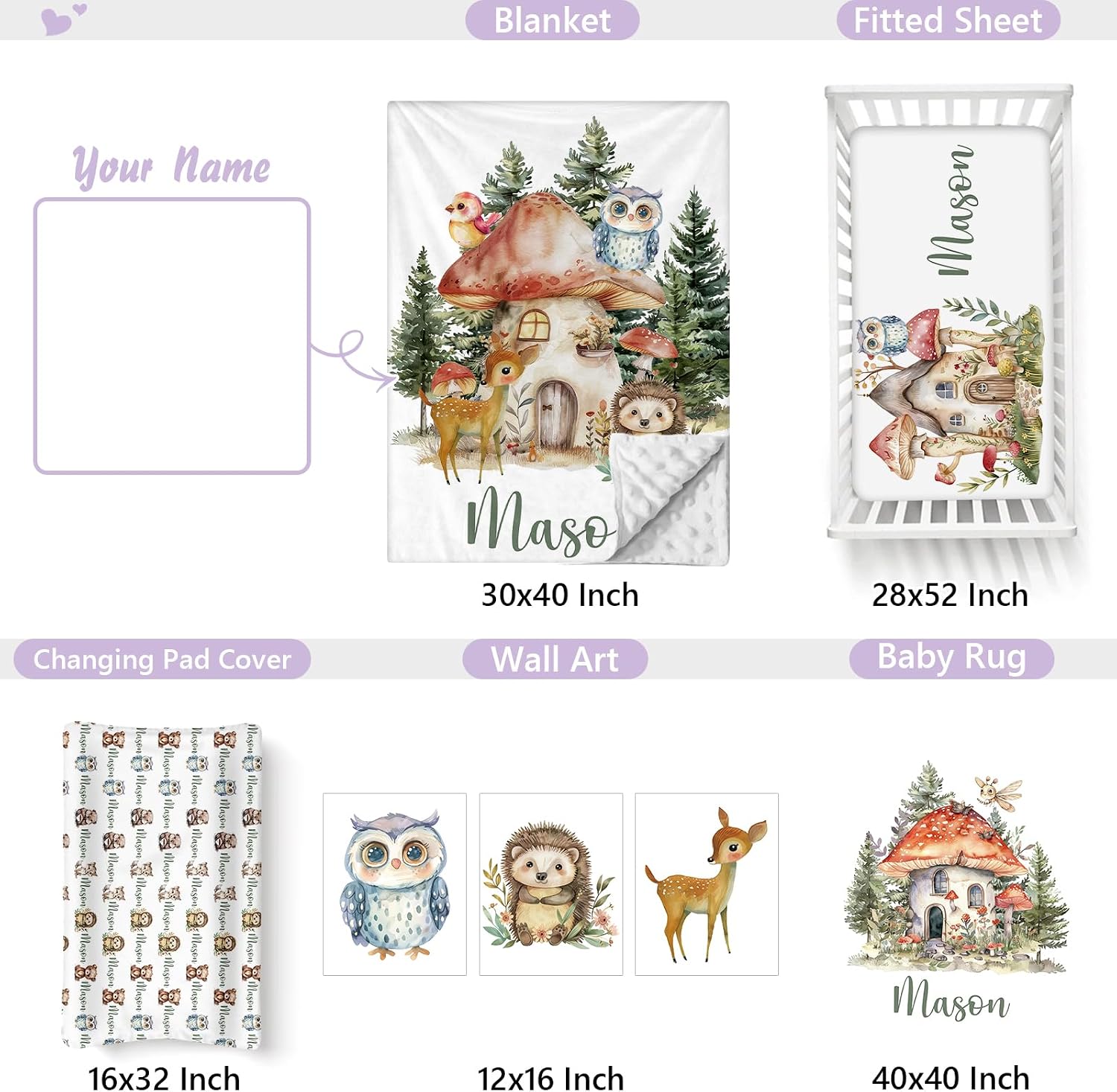 Personalized Baby Crib Bedding Set, 5 Pcs Custom Name Nursery Bedding Set for Girls Boys, Forest Animals Baby Crib Set for Toddlers Infants, Double Layer Bedding Crib Sets Customized Gifts