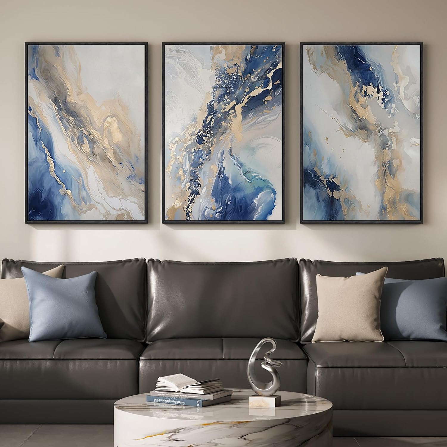 Large Framed Abstract Blue and Gold Wall Art for Living Room, 3 Piece Modern Canvas Artwork for Walls, Contemporary Pictures Prints Paintings for Bedroom Hallway Wall Decor, 24x36 Inch