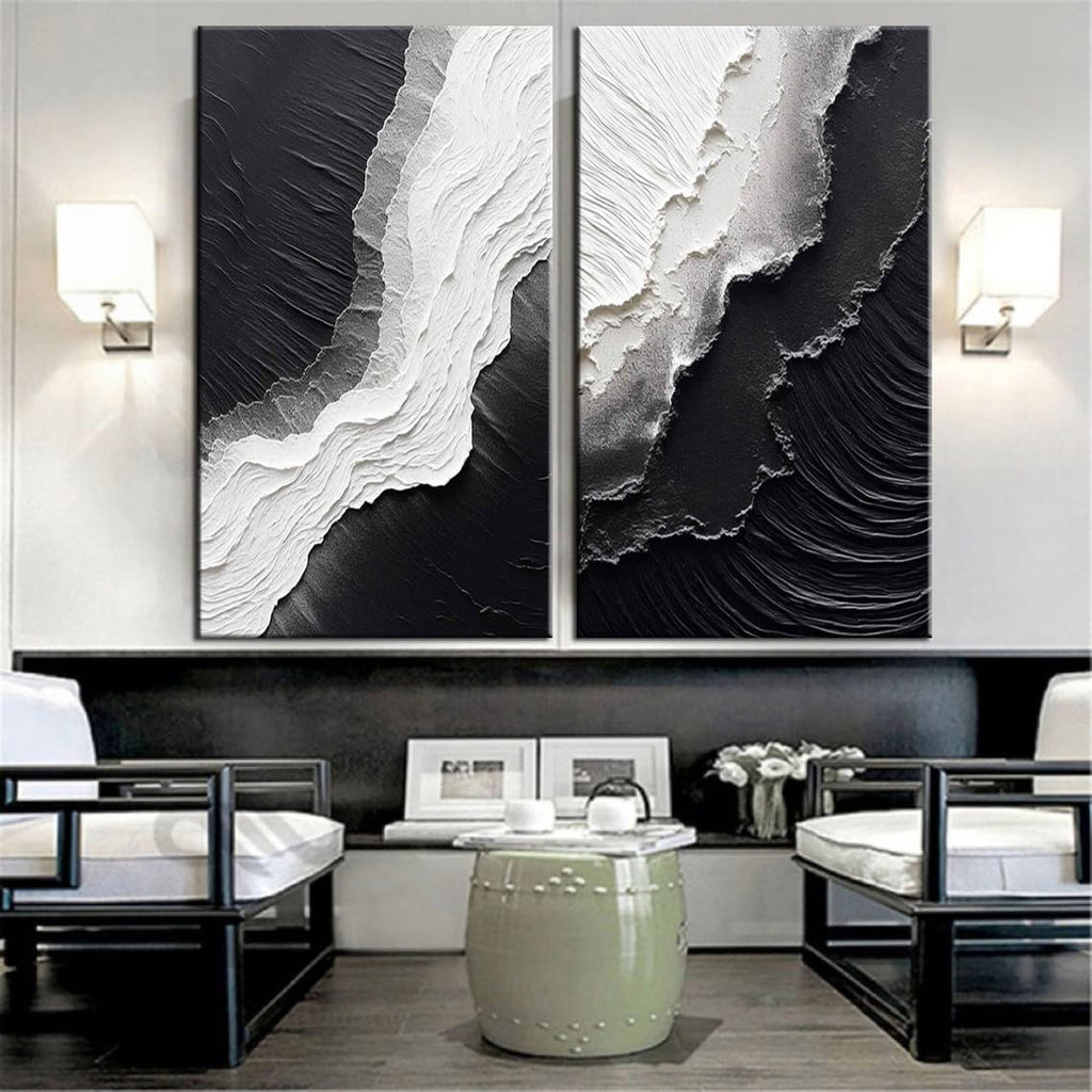 YaSheng Art - Vertical Wall Art Texture Abstract Oil Painting ,Hand Painted sea wave Black and White Wall Art Minimalist modern Art Paintings,, Home Living room Room Dining Room Bedroom Wall Decorative Art Oil Painting 24x48inch