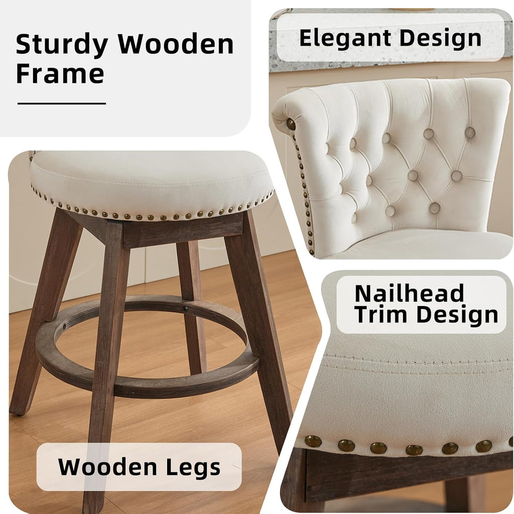 Velvet Bar Stools Set of 2, Modern Swivel Counter Height Stools, Upholstered Kitchen Island Chairs with Button Tufted Back, Rivet Trim, Solid Wood Legs, 25' H Seat, Beige