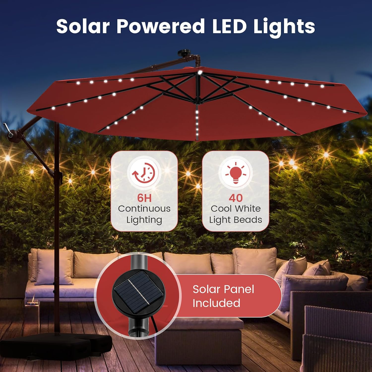 Tangkula 10FT Offset Patio Umbrella with Base Included, Outdoor Cantilever Umbrella with 40 Solar LED Lights, Tilt Adjustment, Crank Handle, Vented Top, Sand Bags for Pool Yard Deck (Burgundy)
