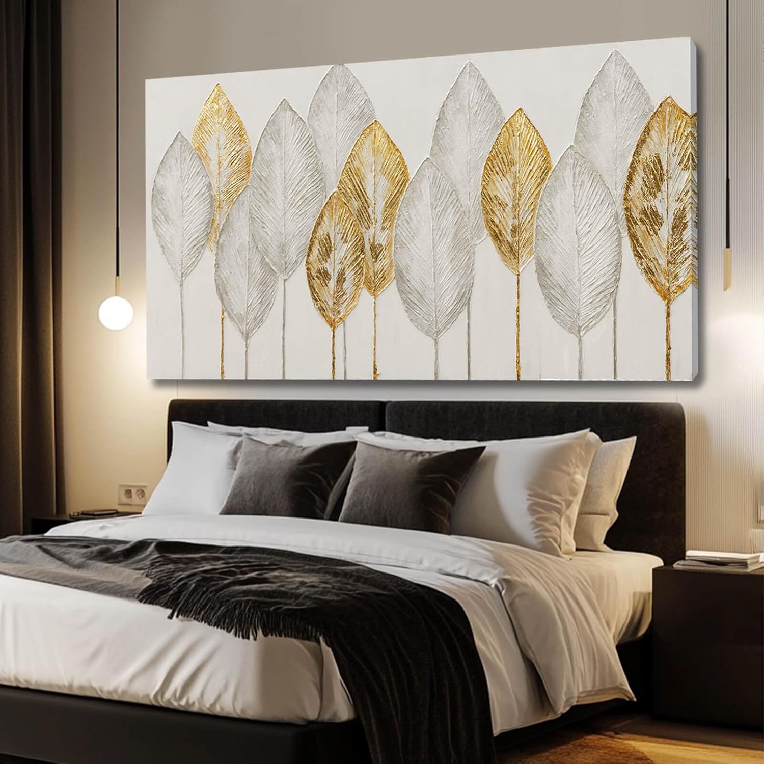 Kureful Minimalist Wall Pictures Leaves Wall Painting Modern Wall Art 29'x58' Artwork for Living Room Canvas Art Posters for Kitchen