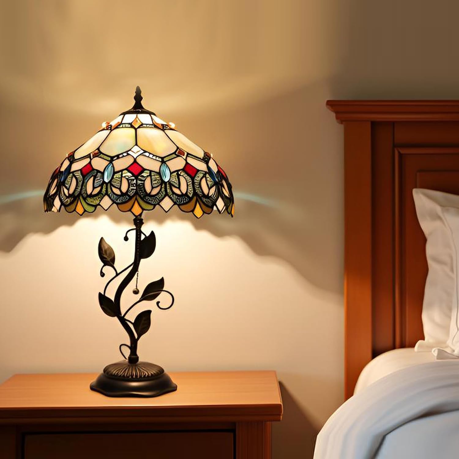 Tiffany Table Lamp, Stained Glass Style Desk Lamp, 12X12X19 Inch,Bedside Reading Light, Metal Leaf Base (Seven Color Baroque)