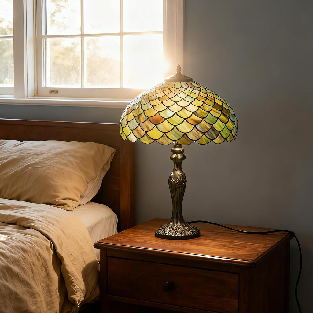 Tiffany Lamp 16' Gradient Green Fish Scales Stained Glass Table Lamp for Large Space Vintage Style Antique Bronze Base Desk Light Decorate Bedside Bedroom Living Room Entry Hallway Home Office