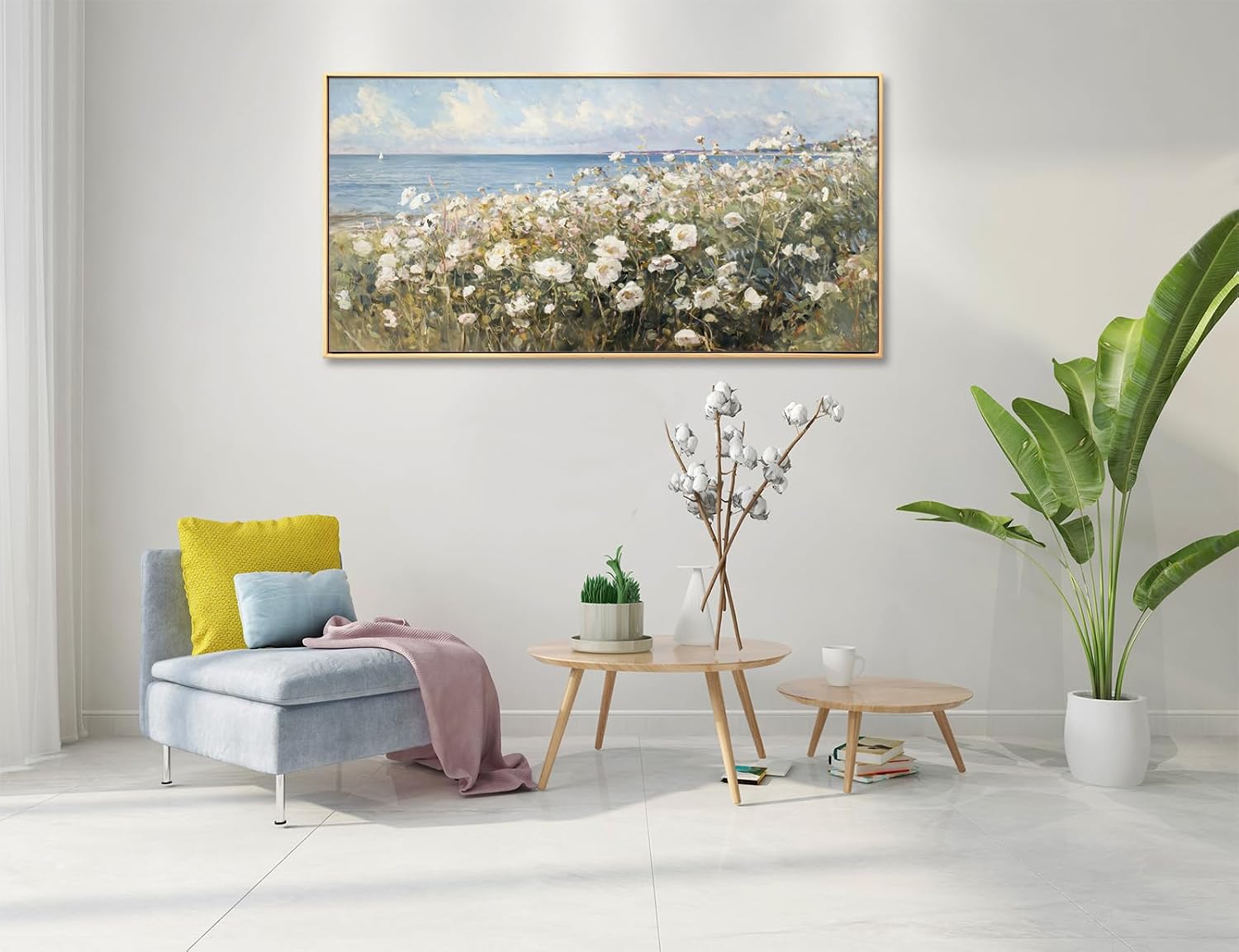 Large Framed Wall Art for Living Room Decor - Farmhouse Beach Coastal Painting Vintage Floral Ocean Wall Picture 3d Textured Flowers Canvas Print Artwork for Home Bedroom Office 24'x48'(Framed