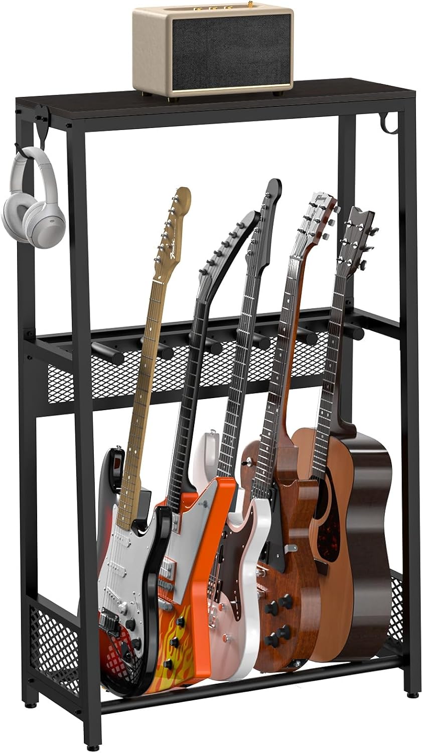 EmberGlow Multi-Guitar Stand with Top Display Shelf - Heavy Duty 28lbs Metal Guitar Rack with Adjustable Spacing & Soft EVA Padding, Premium Instrument Holder for Acoustic, Electric, Bass, Ukulele, Model L (Brown)