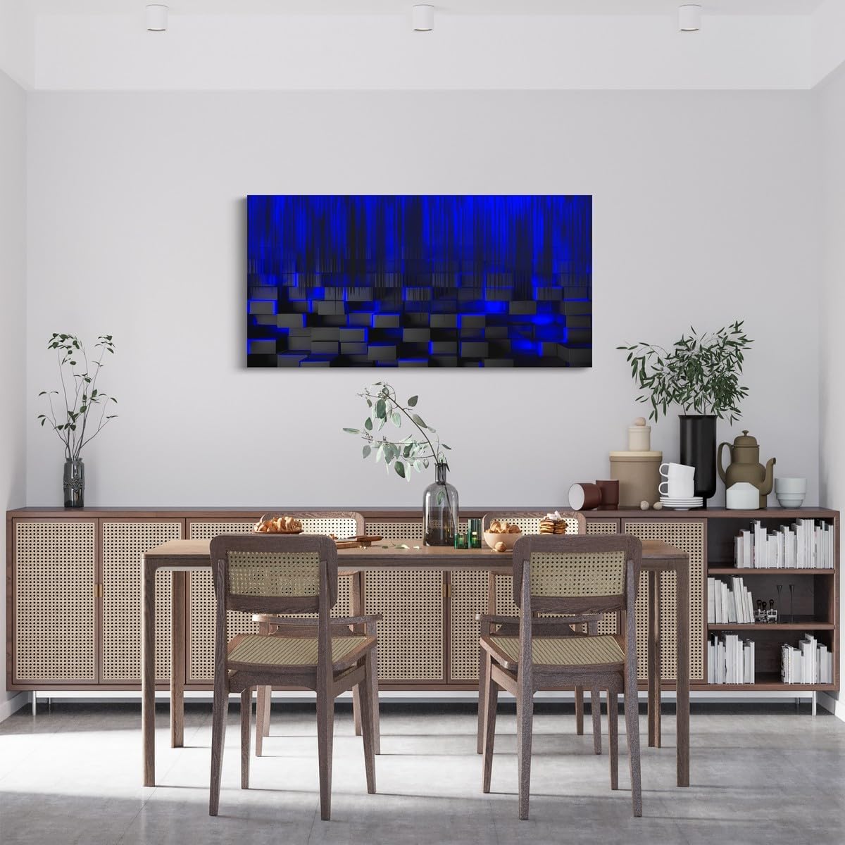 Feelyou Blue and Black Large Artwork 29'x58' for Home Decor Bathroom Office Decorations Artwork Posters Honeycomb Canvas Wall Art for Living Room Bedroom Strip Lines Painting