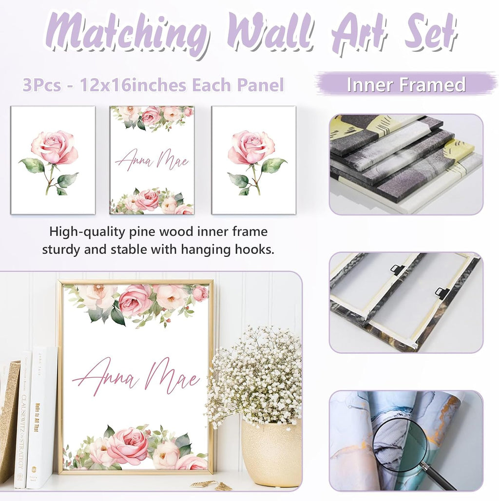Custom Baby Crib Bedding Set, 5 PCS Personalized Name Baby Crib Sets for Girls Boys, Pink Flower Theme Nursery Bedding Sets for Infant Toddler, Double Layer Flannel Bed Set Customized Gifts