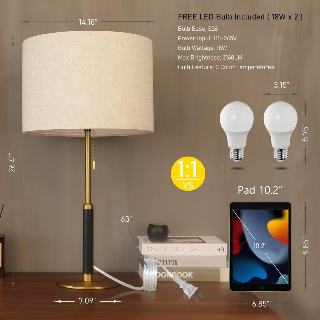 26.4' Set 2 Pull Chain Table Lamp Modern Mid Century Bedside Lamps for Living Room End Tables 3-Color Light for Bedroom, Solid Wood/Metal/Fabric Lamp for Home/Office/Desk (Light Brown+Brass)