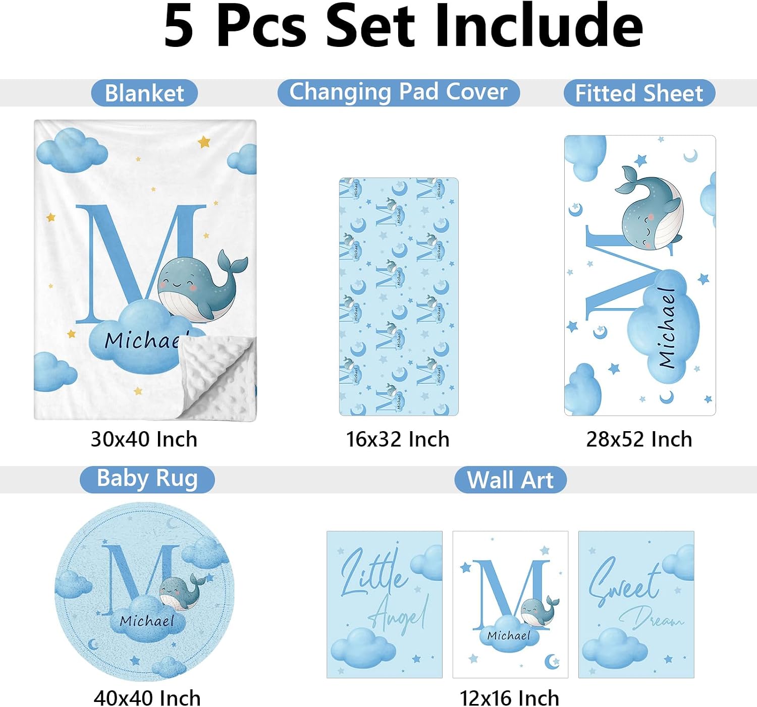 KAINSY Custom Crib Bedding Set, 5 Pcs Personalized Name Monogram Baby Crib Sets for Infants Toddlers, Blue Whale Nursery Bedding Set for Boys Girls, Double Layer Baby Bedding Sets Customized Gifts