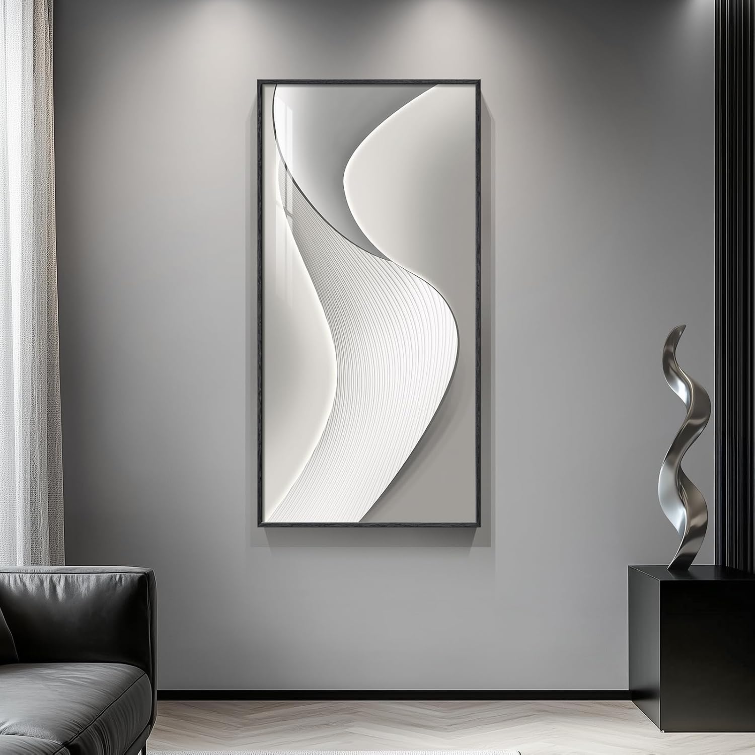 Large Framed Modern Abstract Vertical Wall Art for Living Room, Bright Style Luxury Art Prints Paintings Artwork for Walls, Silver Gray Minimalist Pictures for Hallway Entryway Foyer Stair Office Wall Decor 30x60 In