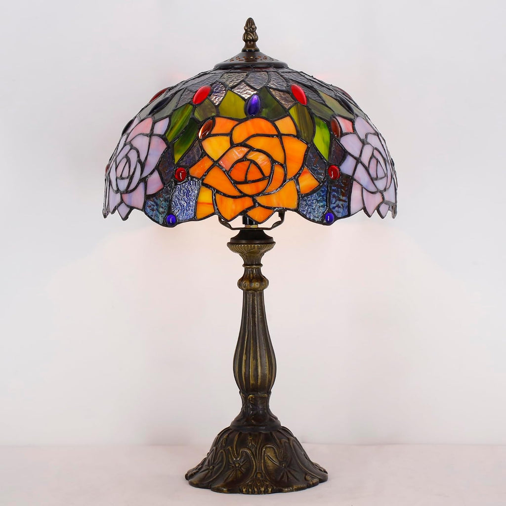 Tiffany Lamp Touch Control Table Lamp Orange Purple Stained Glass Desk Lamp 12X12X19 Inches Rose Flower Style Reading Light