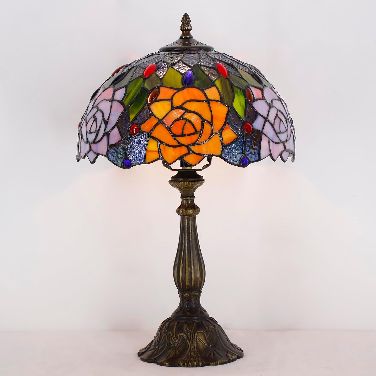 Tiffany Lamp Touch Control Table Lamp Orange Purple Stained Glass Desk Lamp 12X12X19 Inches Rose Flower Style Reading Light