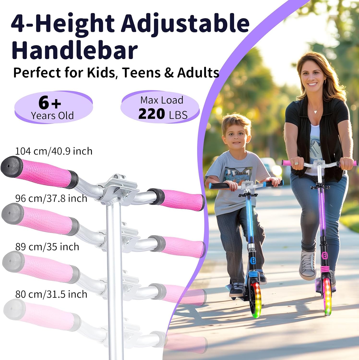 BELEEV V8 Scooters for Kids Ages 6+ with Light-Up Deck, 2 Wheel Folding Scooter for Adults Teens, 4 Adjustable Height, Lightweight Sport Commuter Scooter, Sturdy Frame, Max Load 220 lbs