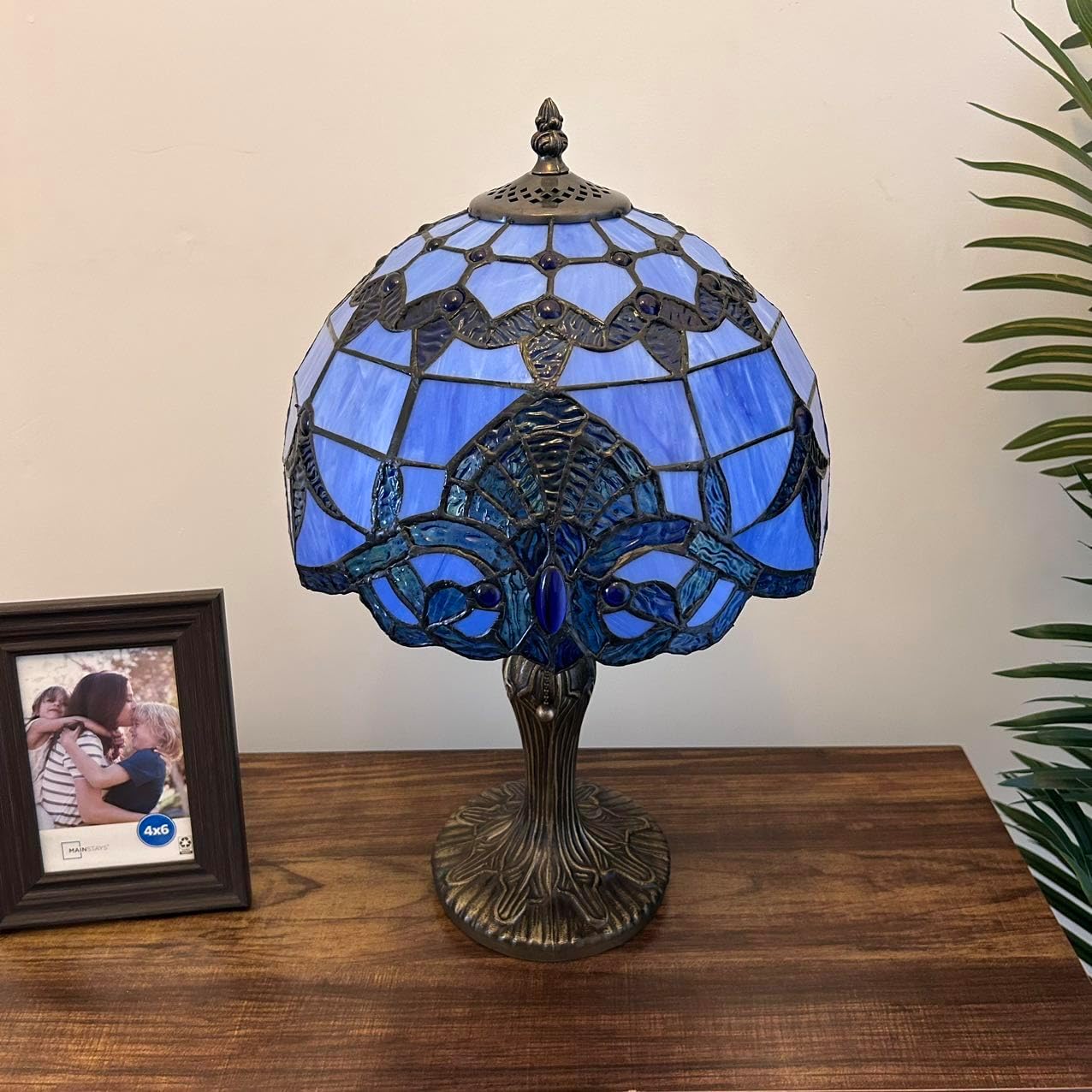 Stained Glass Table Lamp Blue Baroque Style LED Bulb Included for Living Room Bedroom Bedside 12' W*12' D*19' H