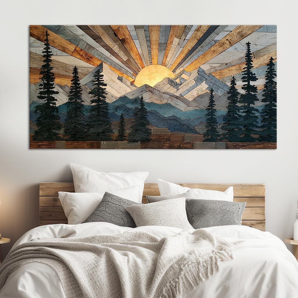 Boho Rustic Farmhouse Mountain Wall Art Sunrise Pine Tree Forest Nature Scenery Paintings Pictures Wall Decor Wood Texture Landscape Canvas Prints Artwork for Living Room Bedroom Home Office 28' x 58'