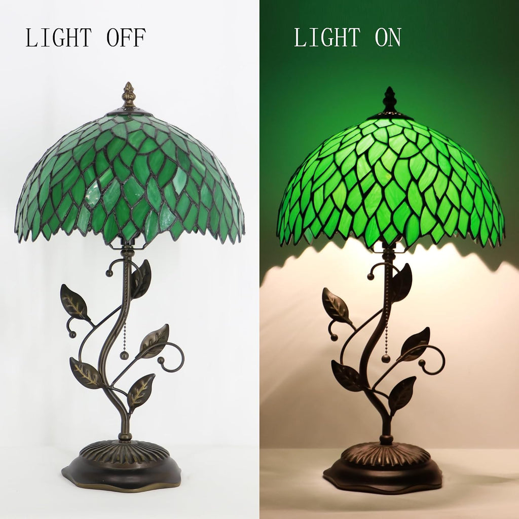 Tiffany Table Lamp, Stained Glass Desk Light, W12H19 Inch, Metal Leaf Base (Green Wisteria)