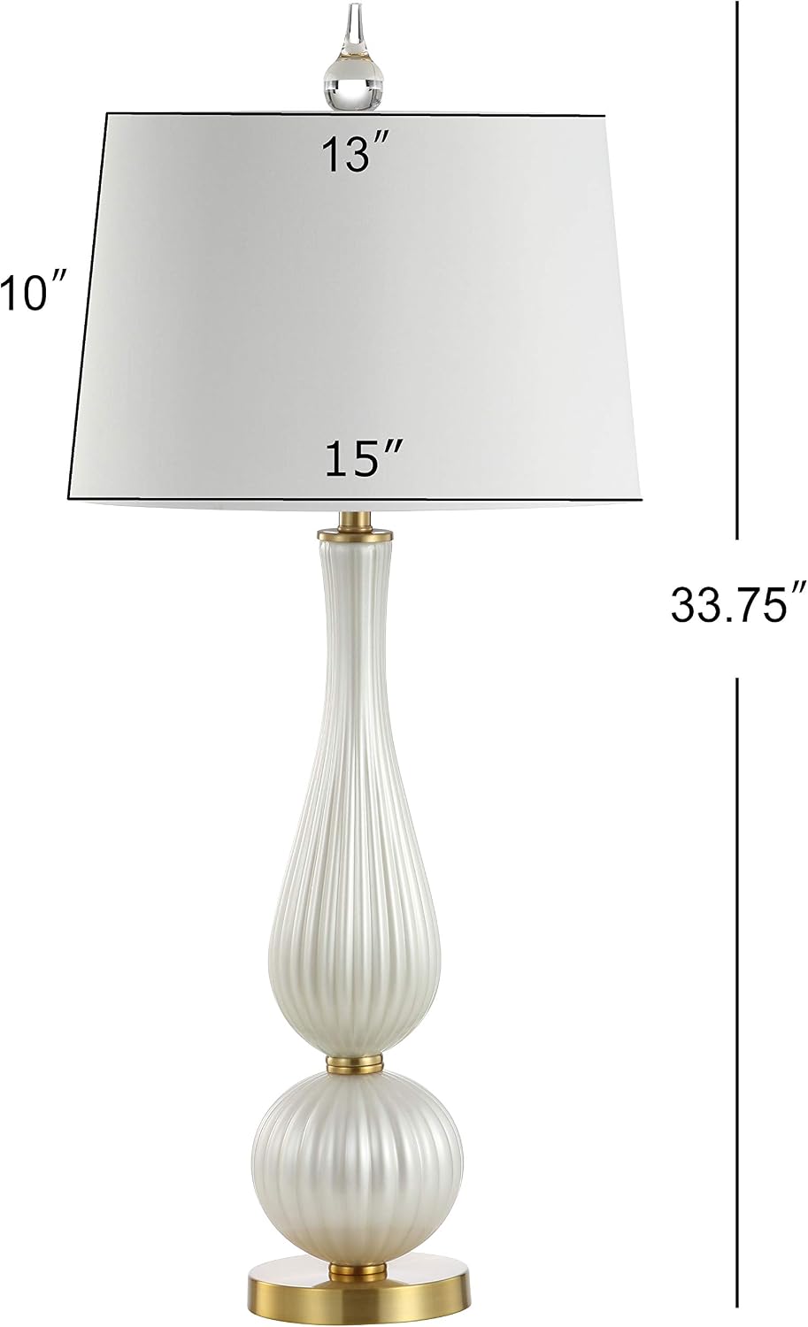 JONATHAN Y 33.7' White Iridescent Fluted Glass Table Lamp, Contemporary Glam Bedside Lamp with Brass Gold Base and White Faux Silk Shade, LED Bulb Included JYL2071A
