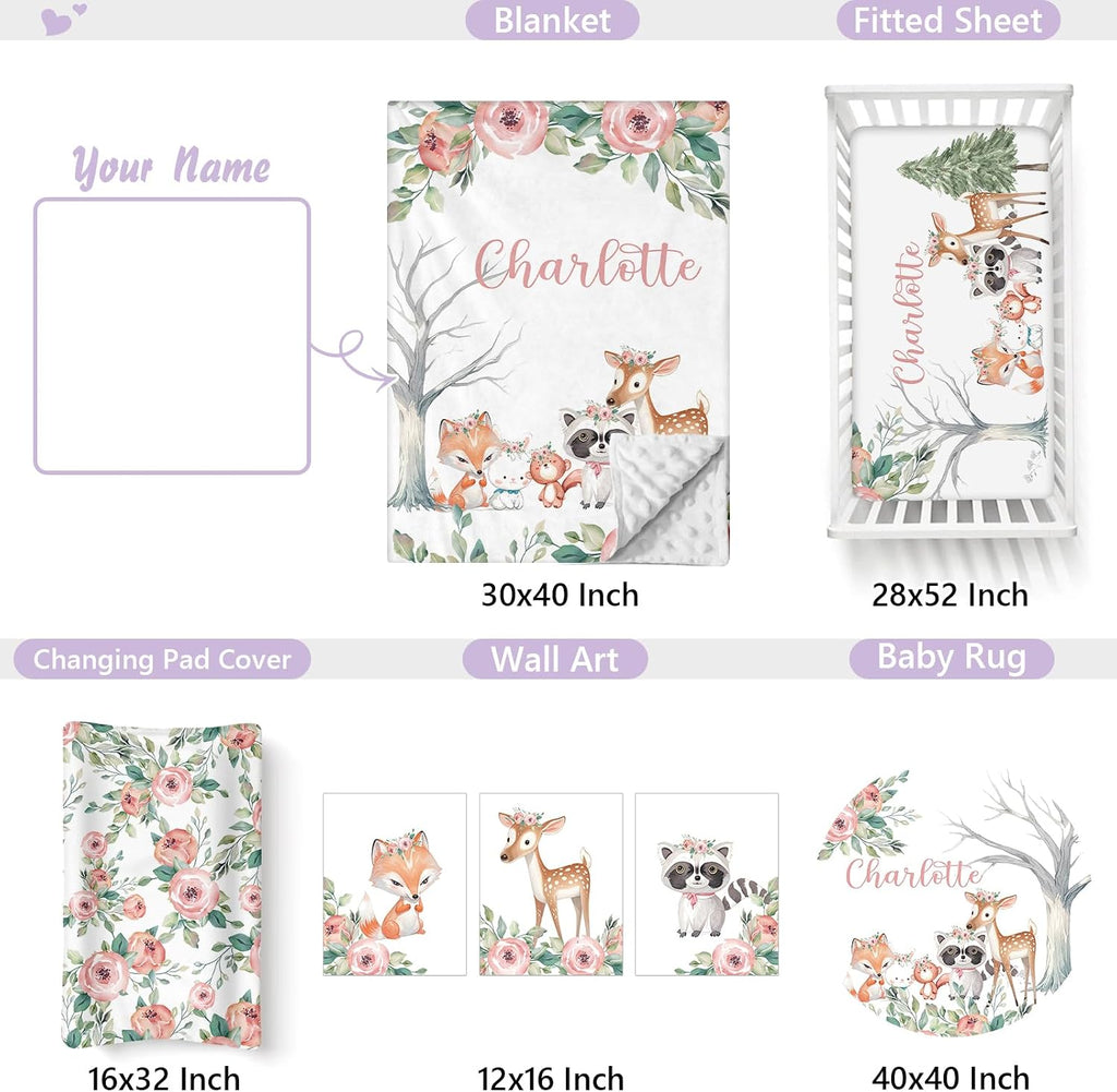 Personalized Baby Crib Bedding Set, 5 Pcs Custom Name Nursery Bedding Set for Girls Boys, Pink Forest Animals Baby Crib Set for Toddlers Infants, Double Layer Bedding Crib Sets Customized Gifts