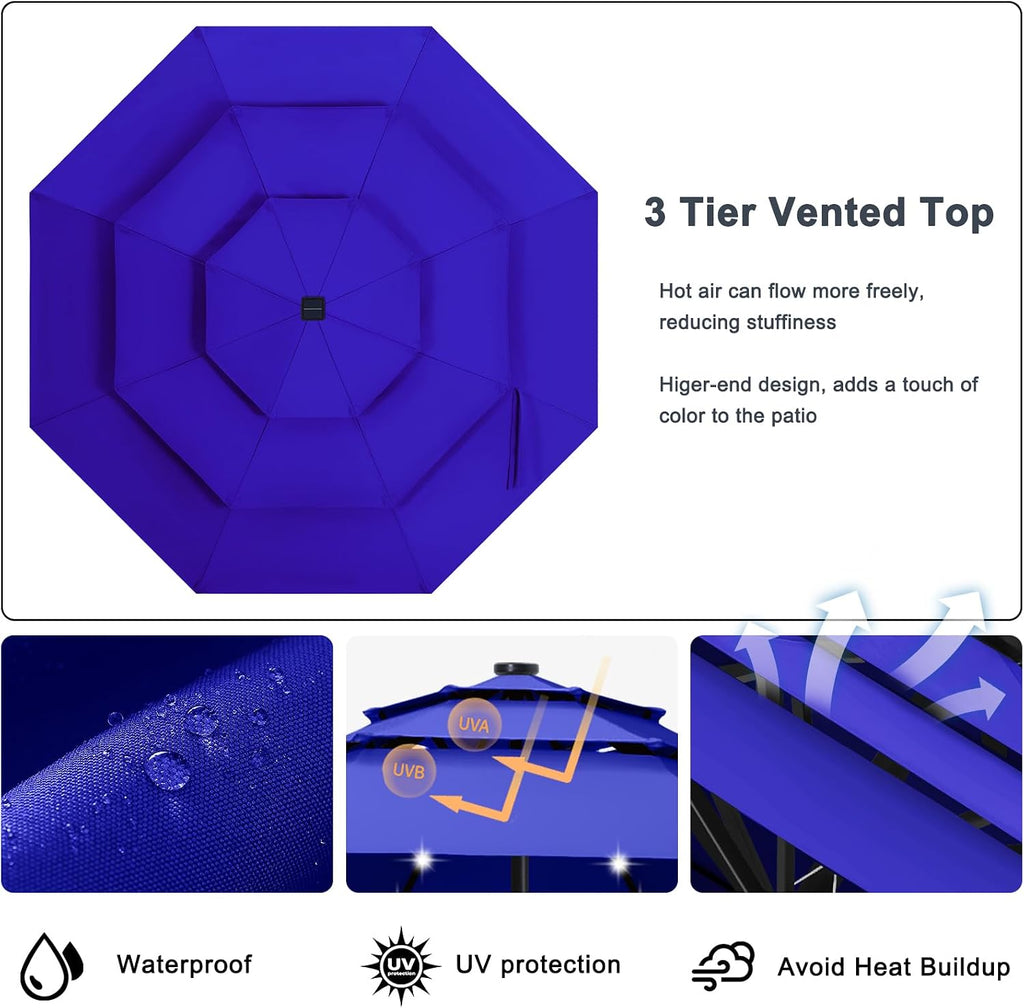 ABCCANOPY 10FT Solar Led Patio Umbrella 3-Tiers(Blue)