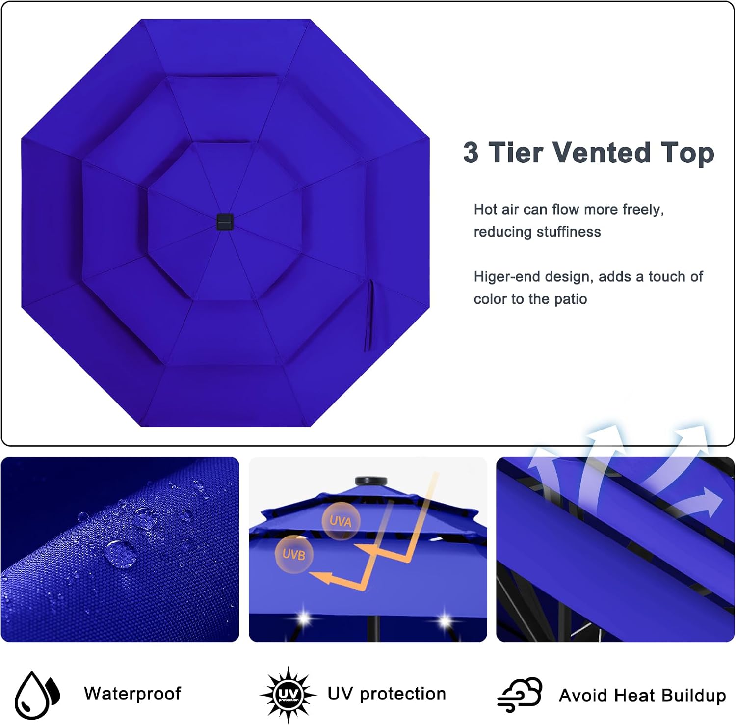 ABCCANOPY 10FT Solar Led Patio Umbrella 3-Tiers(Blue)