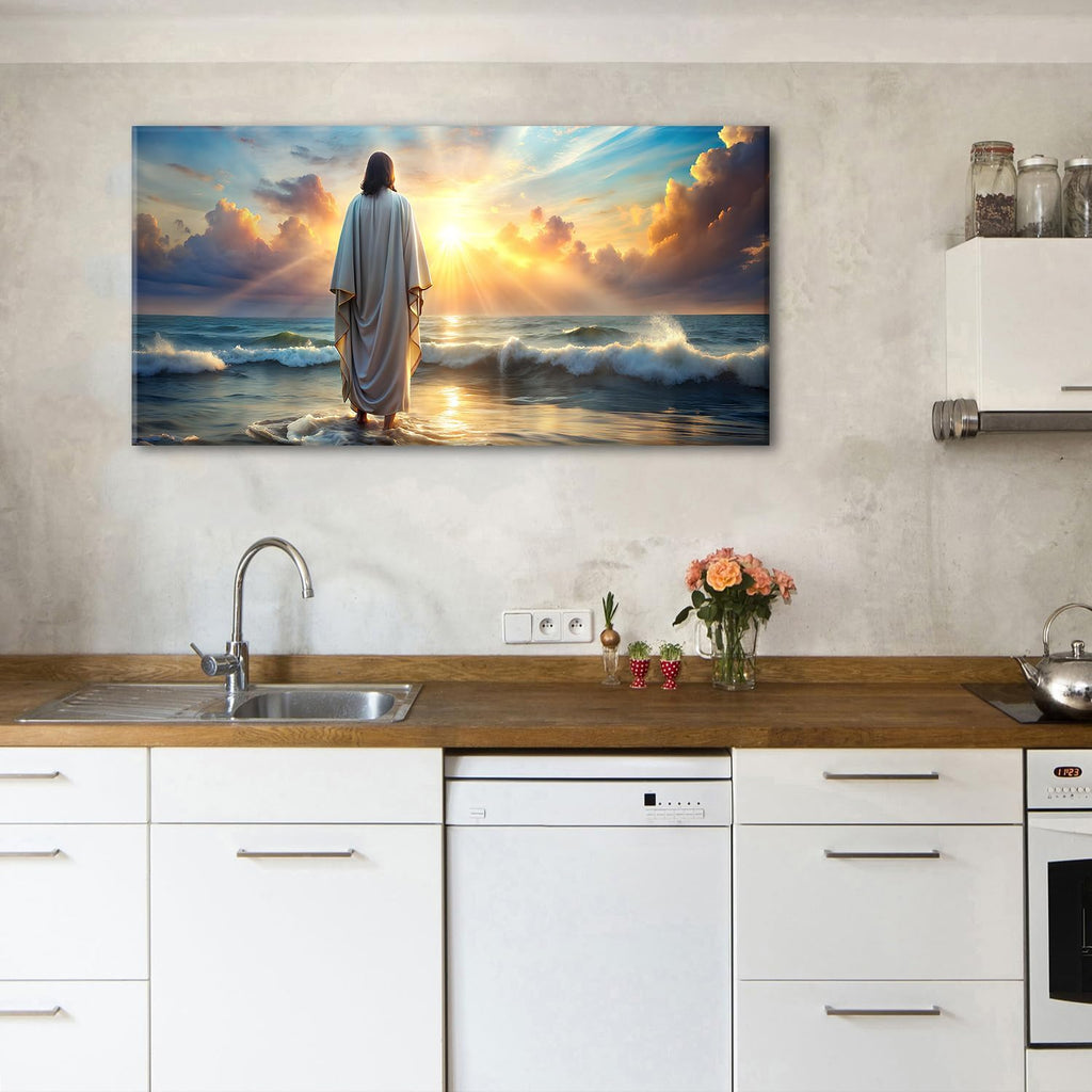 Large Jesus Canvas Wall Art Jesus Walking on Water Wall Decor for Living Room Office Inspirational Christian Picture Prints Sunset Ocean Coastal Painting Religious Poster Artwork Decorations 24x48'