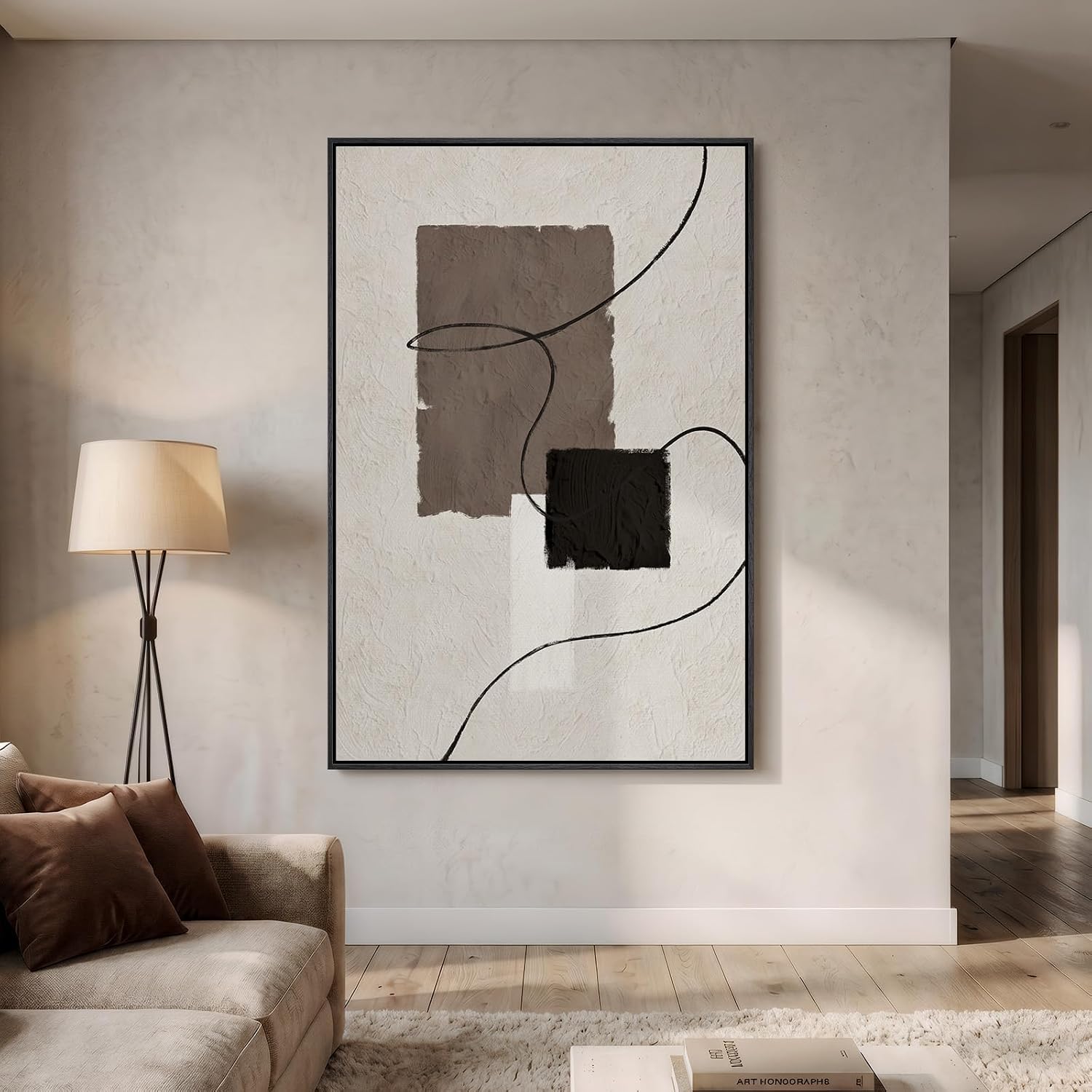 Extra Large Framed Neutral Abstract Wall Art, Vertical Modern Canvas Prints Paintings Artwork for Walls, Minimalist Beige Brown Block Pictures for Living Room Bedroom Entryway Wall Decor 40x60 In