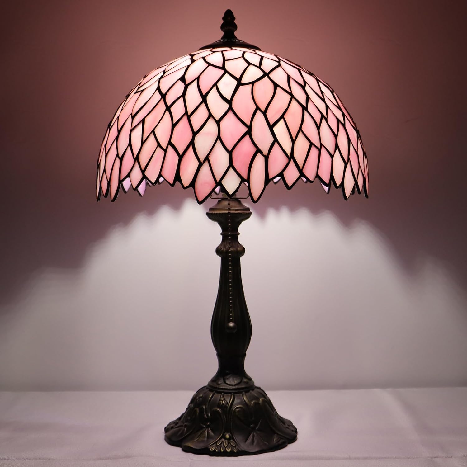 Tiffany Lamp Stained Glass Table Lamp Bedside Reading Light W12H19 Inches (Pink Wisteria)