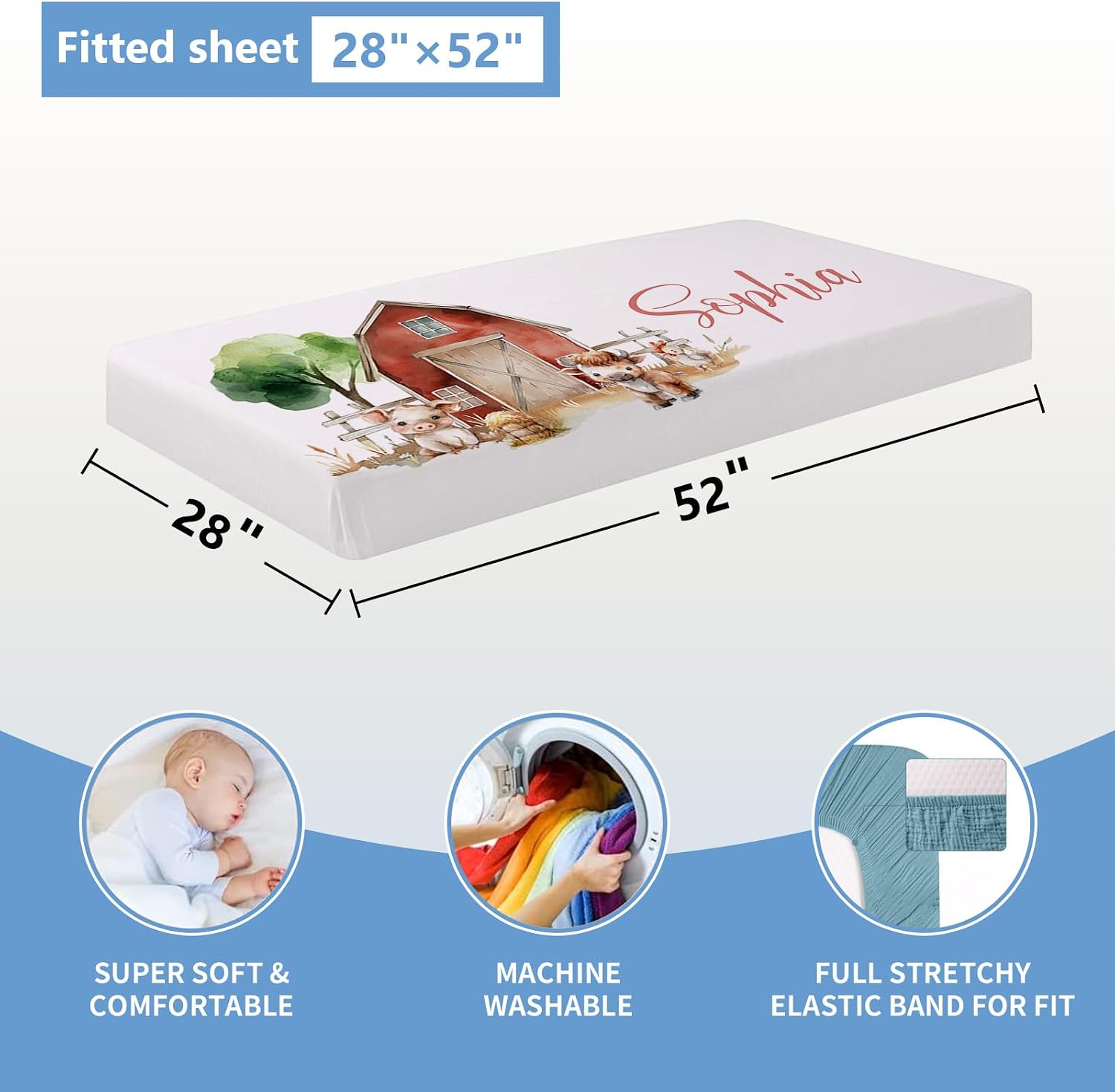 KAINSY Custom Crib Bedding Set 5 Piece for Girls Boys – Personalized Farm Animals Theme, Newborn Sleep Set, Nursery Decor, Toddler Room Essentials, Infant Sleep, Baby Room Accessories, Baby Gift