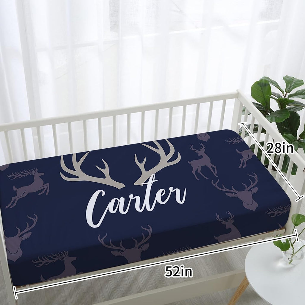 TOOTANN Custom Baby Crib Bedding Set, 5 Pcs Personalized Name Baby Crib Sheets for Kid Toddler Infant, Dark Blue Reindeer Silhouette Nursery Bedding Set