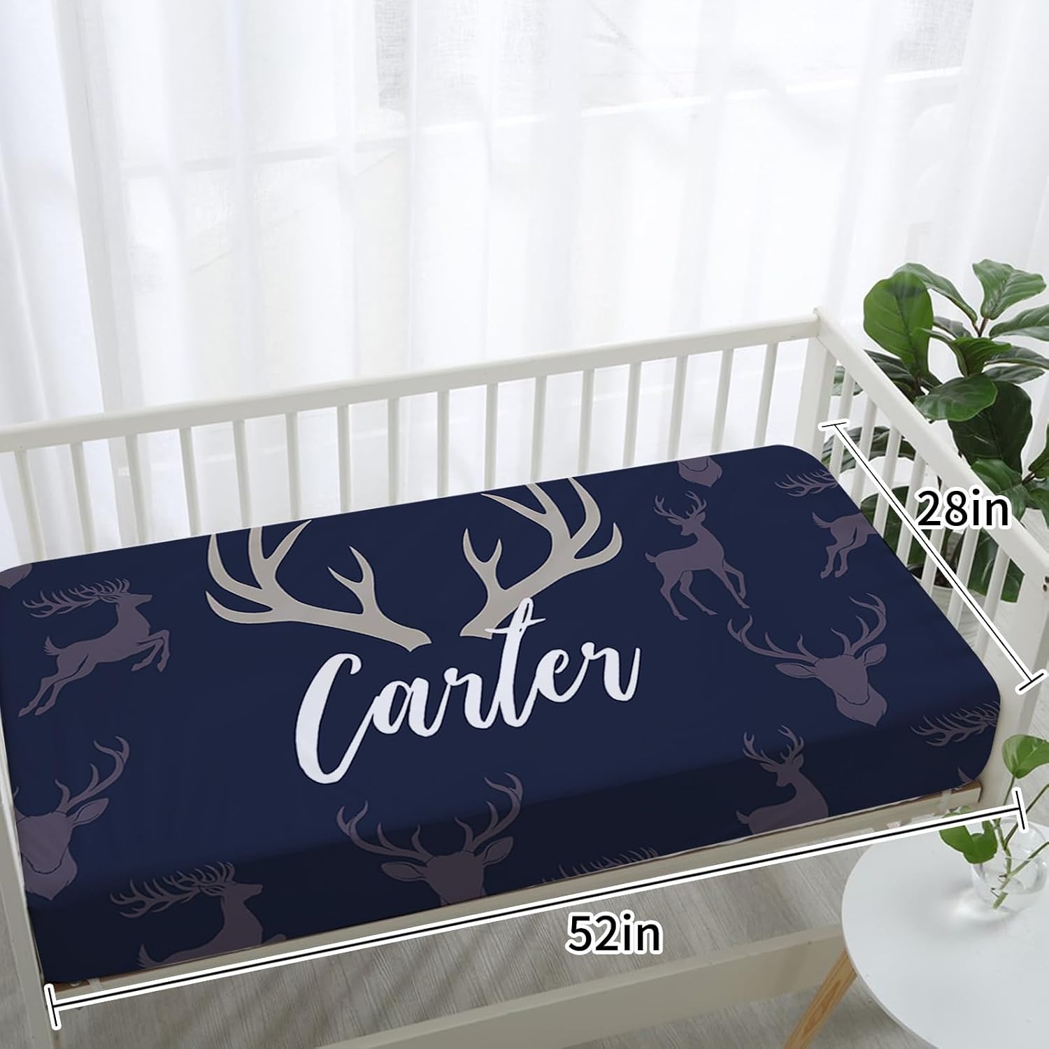 TOOTANN Custom Baby Crib Bedding Set, 5 Pcs Personalized Name Baby Crib Sheets for Kid Toddler Infant, Dark Blue Reindeer Silhouette Nursery Bedding Set