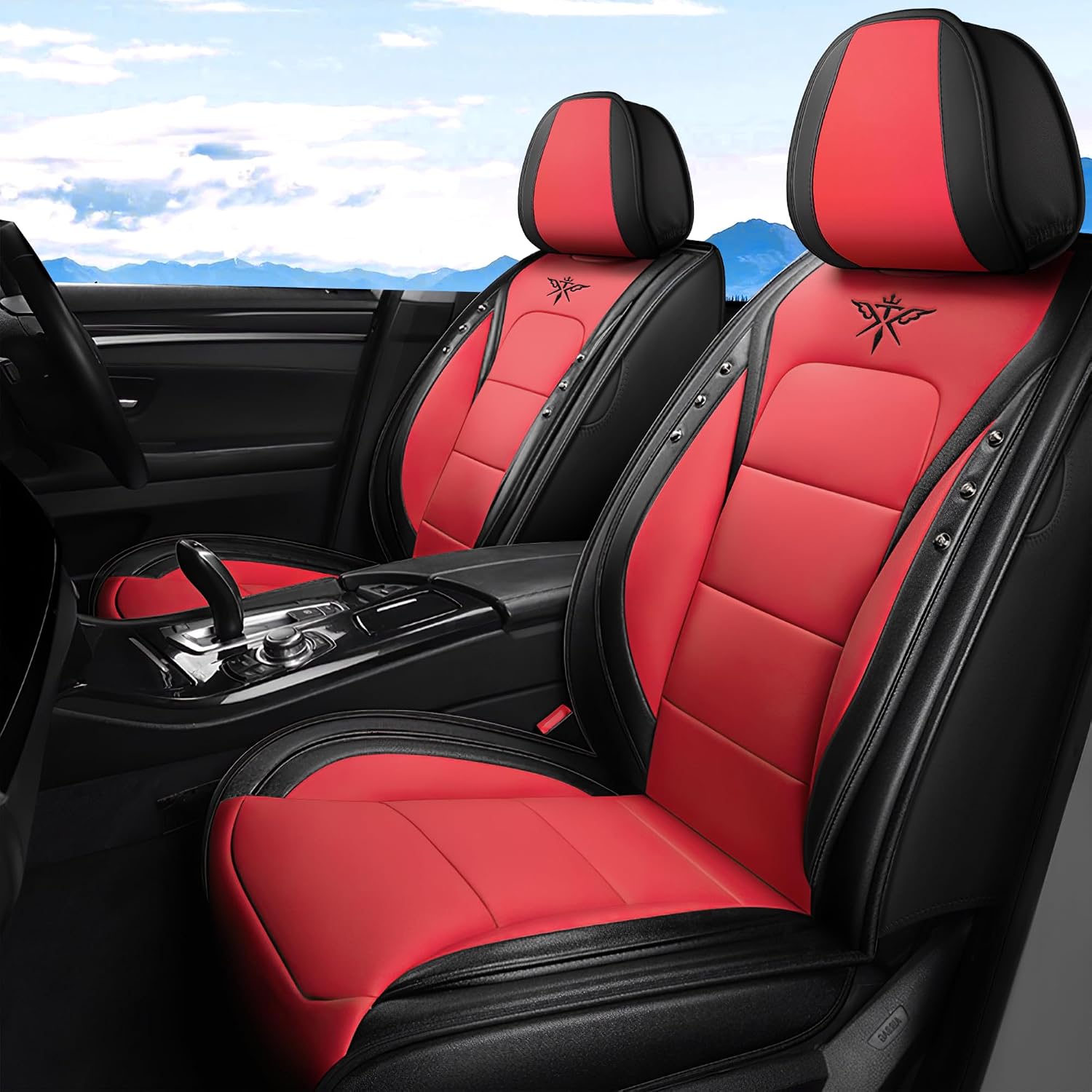 Seat Covers Custom Fit for Dodge Challenger 2009-2025, Standed Front Set Leather Seat Covers Cushion, Waterproof Car Seat Cover Full Set, Automobile Interior(Black Red)